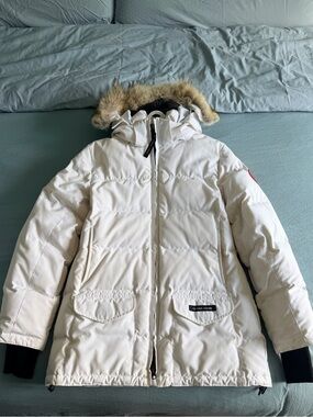 Canada Goose White Kids Puffer Parka with Fur-Trim Hood